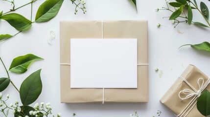 Blank card mockup on white table with green greenery