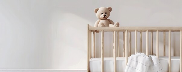 A baby crib with a teddy bear, nursery element, photorealistic, soft colors, isolated on white background