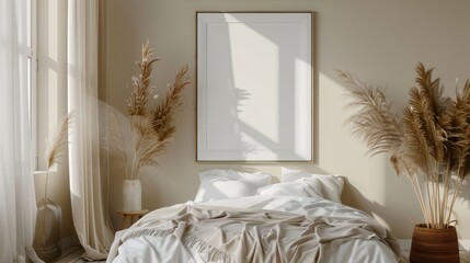 Mockup frame in light cozy and simple bedroom interior background