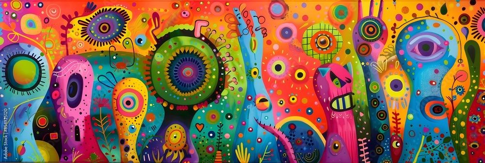 Poster vibrant and imaginative surreal artwork with eclectic patterns shapes and textures evoking a dreamli