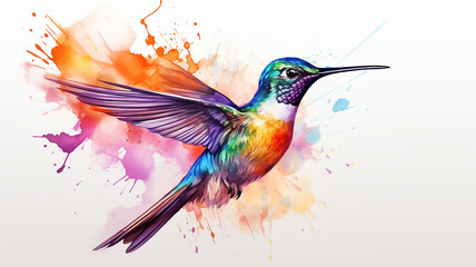 Fototapeta premium Hummingbird watercolor illustration, spots of liquid paint isolated on a white background