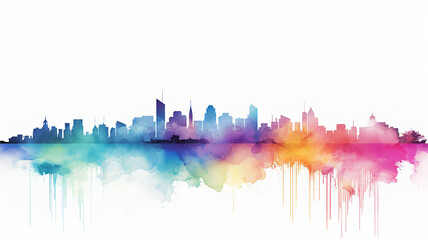 Fototapeta premium multicolored spectrum silhouette of the city, watercolor illustration on a white background, cityline liquid paint, isolated print