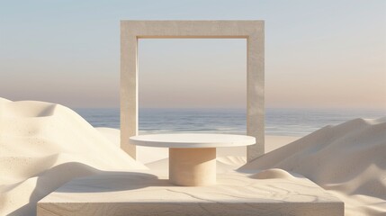 Round table framed by large square structure on sandy dunes by ocean. Tranquil and balanced aesthetic. Empty showcase background. Branding presentation product display design