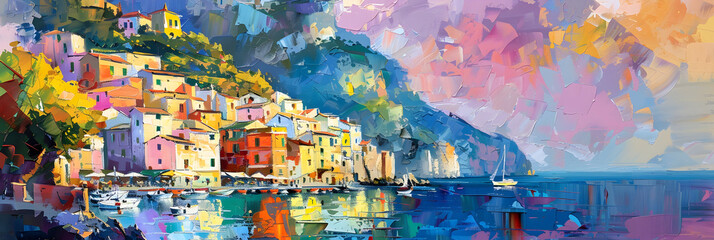 Fototapeta premium Vibrant and Picturesque Seaside Townscape along the Iconic Amalfi Coast of Italy with Colorful Mediterranean Architecture Boats in the Harbor and a