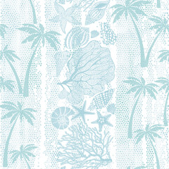  Art sea background with sea creatures and palm trees. Seamless vector pattern  on mosaic background. Perfect for design templates, wallpaper, wrapping, fabric, print and textile. Monochrome.