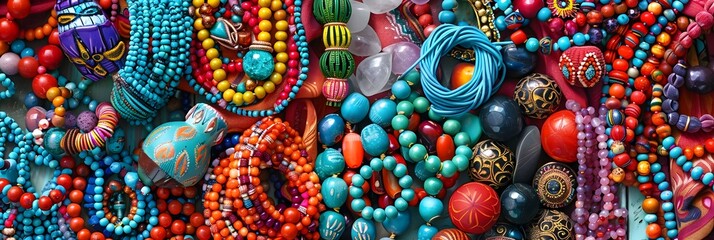 Fototapeta premium Vibrant Assortment of Handmade Ethnic Jewelry and Accessories on Textured Background