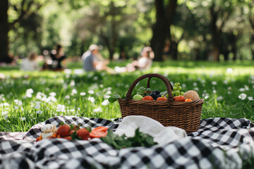 Picturesque picnic scene with a basket full of fruits on a checkered blanket in a vibrant green park on a sunny day