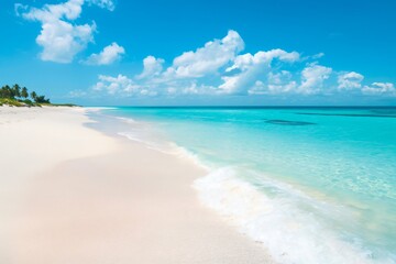 Fototapeta premium Tranquil and serene tropical beach paradise with pristine white sands. Crystal clear turquoise waters. Fluffy clouds in a clear sky. Untouched coastline