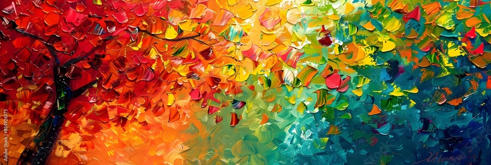 Poster vibrant autumnal tree canopy displaying a spectrum of captivating colors in a mesmerizing natural la
