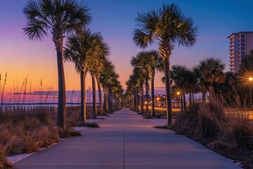 Obraz premium Tranquil coastal boardwalk flanked by rows of palm trees under the vivid hues of a sunset sky, invoking a serene atmosphere