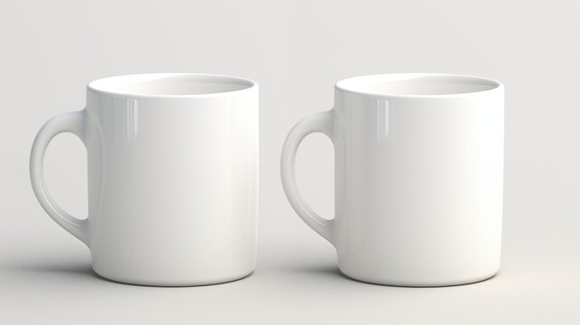 Two white ceramic mugs mockup with classic design. Positioned side by side tea cups template advertising image. Minimalist composition. Coffeecups mock up products photorealistic