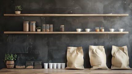 Well-organized coffeeshop counter display mockup. Wooden shelves holding glass jars, white cups, brown paper bags template advertising image. Coffee shop interior mock up photorealistic