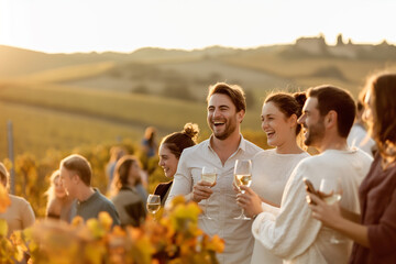 Diverse young adults explore a picturesque vineyard during grape harvest, capturing memories amidst rolling hills bathed in warm sunlight. Hints of Halloween add a touch of whimsy.