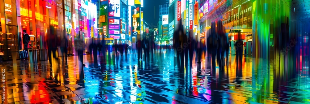 Poster vibrant cityscape ablaze with neon lights and reflective puddles creating a captivating atmosphere o