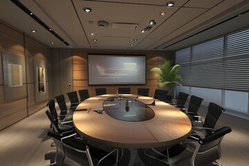 a conference room with a large table and chairs, a 3D-rendered virtual conference room for meetings