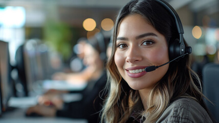 Customer Service Representative Engaged in Audio Communication at a Workstation with Privacy Protection. Generative AI Image.
