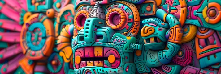 Fototapeta premium Vibrant Colorful Traditional Aztec Mayan Tribal Patterns and Symbols on Carved Wooden Mask or Wall Art
