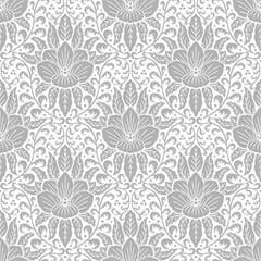 Seamless gray Damask pattern with tropical motifs. Floral abstract repeat monochrome background.