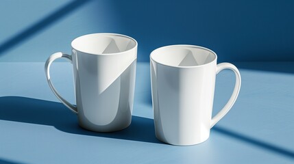 Obraz premium Two white ceramic mugs mockup with tapered shape against solid blue surface. Tea cups template advertising image. Dramatic shadows, elegant simplicity. Coffeecups mock up photorealistic