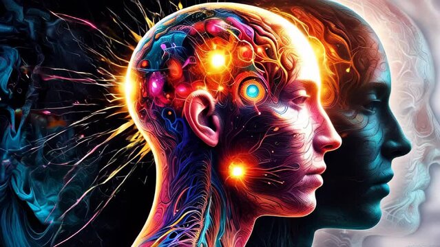 human head profile with neon-colored neural pathways against cosmic background. Bright yellow, red, and blue lights illuminate the neural network. Concept of mind and mindfulness