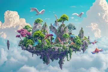 a floating island with a castle in the middle, a mythical floating island with magical creatures