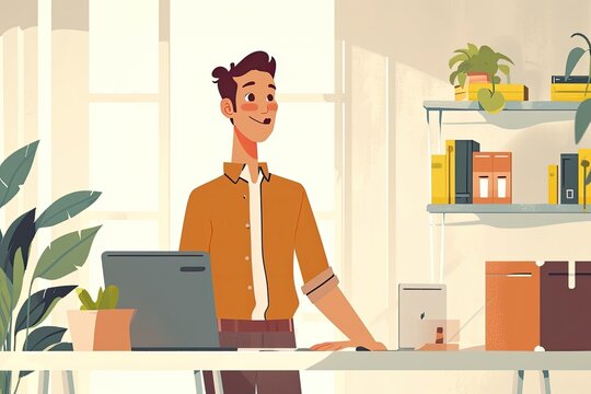 a man is standing in front of a desk with a laptop, an animated explainer video for a business service - Powered by Adobe