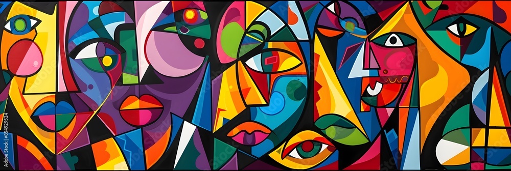 Poster vibrant cubist faces composition with geometric shapes and expressive surreal elements