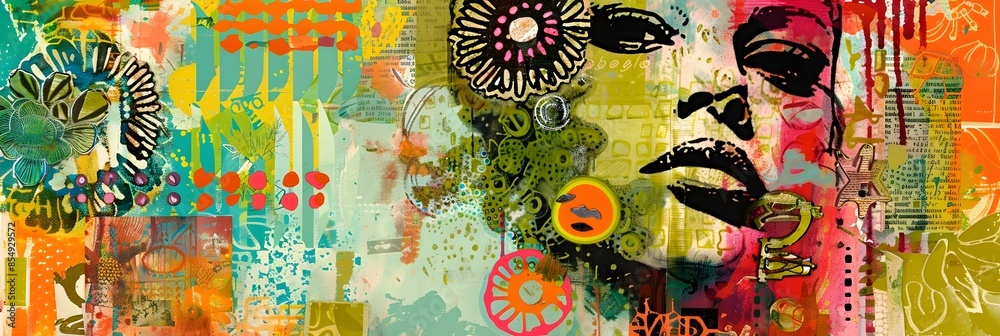 Poster Vibrant Digital Collage with Psychedelic Patterns and Splashes of Color