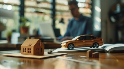 Obraz premium Wooden house and car models on a table with a blurred person in the background