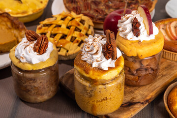 Traditional fall pies in small mason jars