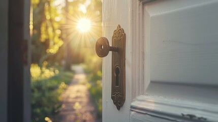 Open white door with key leading to a sunlit garden path