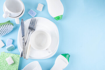 Dishwasher tablet for dish washing, detergents and accessories with plates