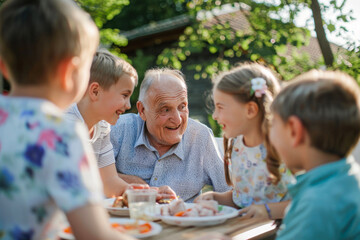 Elderly man enjoying meal and chat with grandkids