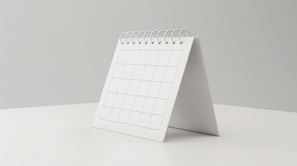 White desk calendar mockup with spiral binding stands upright on surface. Blank grid layout template advertising image. Scheduling, organizing daily tasks mock up product photorealistic