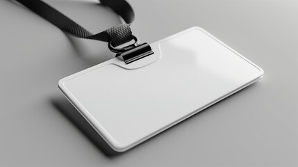 Blank white ID badge mockup with black lanyard. For conferences, workplaces. Plastic card template advertising image. Smooth light gray surface. Event pass mock up product photorealistic