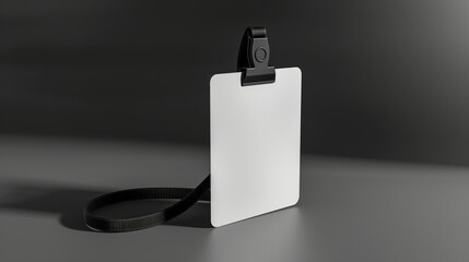 White ID badge mockup with black lanyard displayed upright on dark surface. Perfect for professional, event identification template advertising image. Pass access mock up photorealistic
