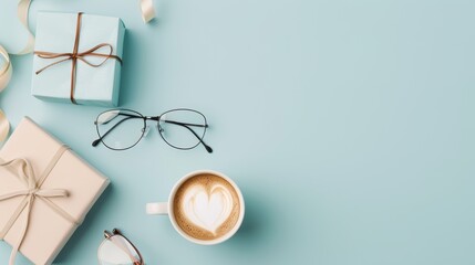 Modern flat lay design for Father's Day, featuring gifts, eyeglasses, and a coffee cup on a vibrant blue backdrop, stylish and promotional, perfect for ads