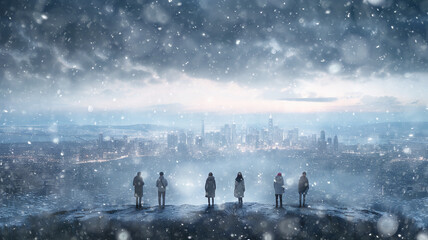 winter view, horizon line, snowfall and a group of people in a row, abstract background copy space. Festive Christmas scene falling light snow bokeh