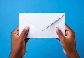 Fototapeta premium A person holding a white envelope with a blue background