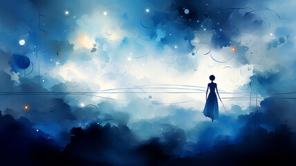 Fototapeta premium watercolor silhouette of a girl in a dress on a blue space abstract background, illustration watercolor abstraction in cold colors, impression copy space