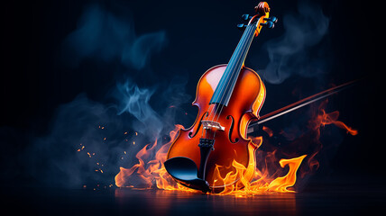 Fototapeta premium musical background, burning violin on a dark background, hot classical music concept, album cover melody and rhythm modern graphics