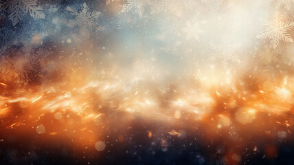 Fototapeta premium abstract golden festive winter background with snowflakes, blurred copy space