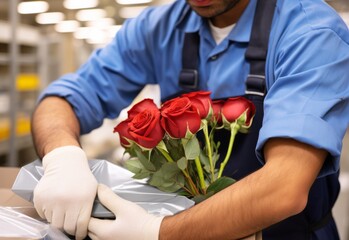 A man wearing a blue shirt and blue overalls is holding a bouquet of red roses