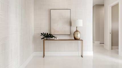 Grid-pattern wallpaper in a minimalist hallway, featuring a sleek console table and contemporary artwork, a welcoming and chic entryway