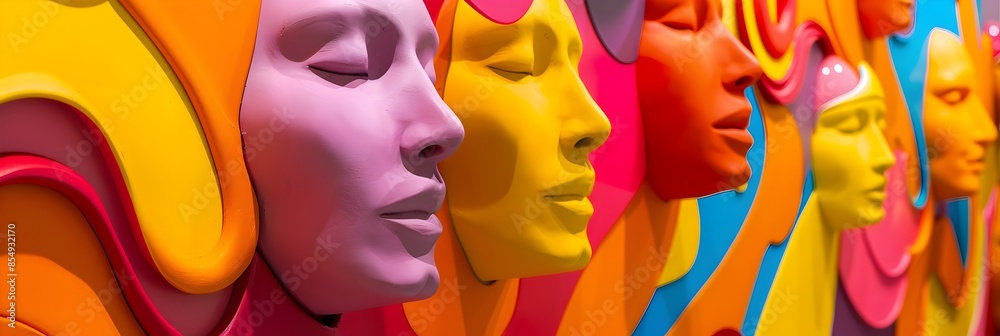 Poster vibrant expressive faces portraying diverse emotions and identities in abstract design