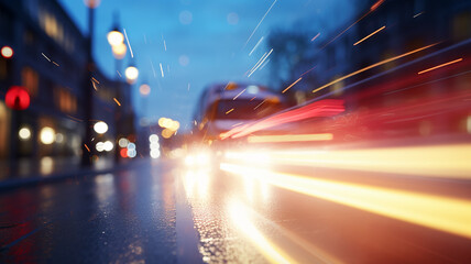 Fototapeta premium blurred background traffic on a night road, abstract tracks of headlights, translucent golden rays of light on a city street background, nightlife
