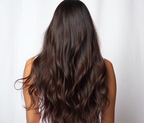 Naklejka premium A woman with long, curly hair is shown with her back to the camera