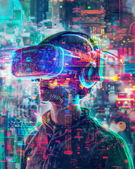 Obraz premium A person fully immersed in a virtual reality environment, wearing a VR headset and surrounded by vibrant, colorful holographic lights.