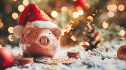Festive piggy bank with santa hat and gift coins on snowy surface