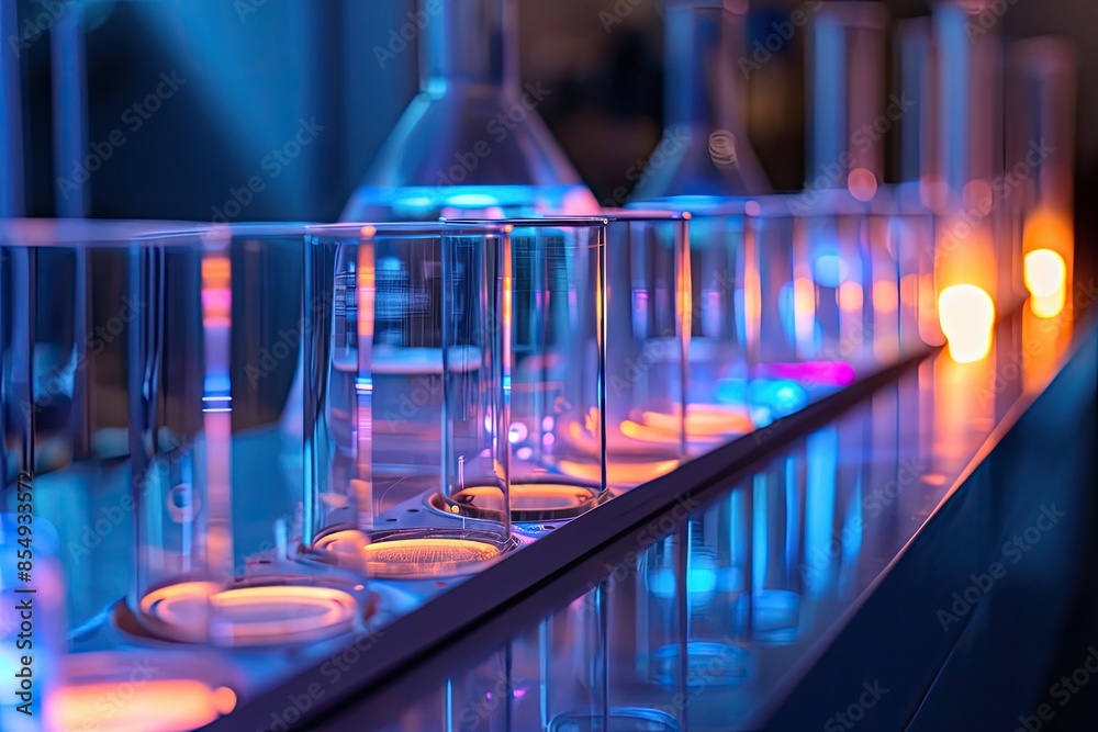 Poster a row of test tubes filled with liquid, Explore the interplay of light and lab instruments
